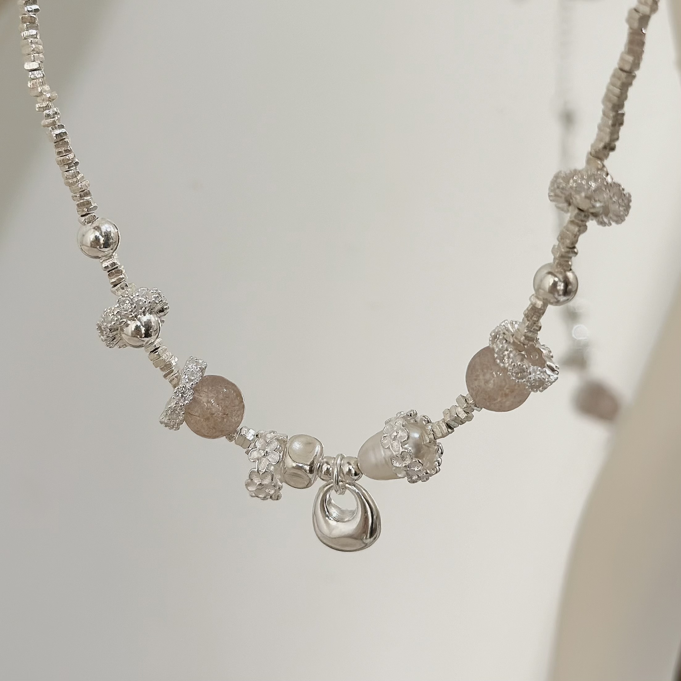 F91碎銀水晶花環珍珠純銀手鍊