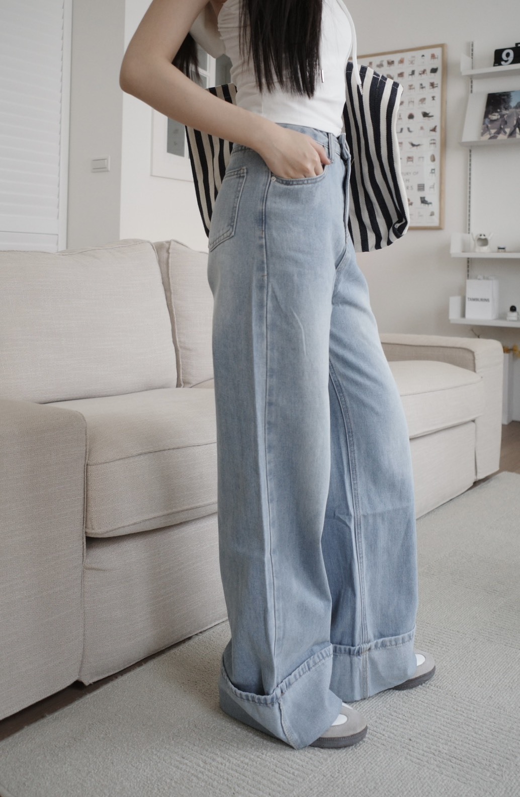 <女裝現貨💗> J18 下反折牛仔高腰直筒寬褲 兩色