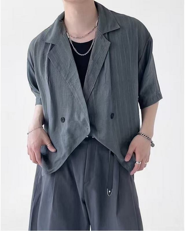 夏季亞麻不對稱剪裁條紋短袖西裝外套