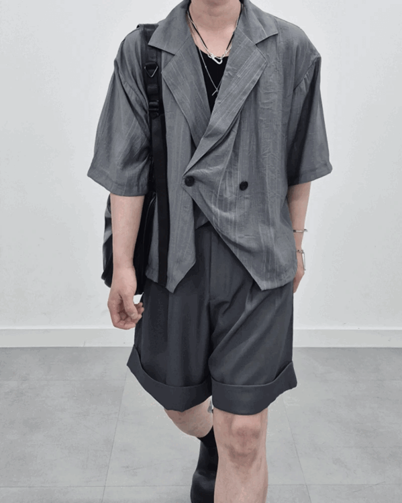 夏季亞麻不對稱剪裁條紋短袖西裝外套