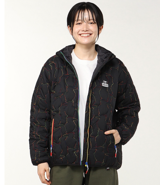 CHUMS Women’s Booby Stitch Padded Hoodie - Black/Rainbow | Lightweight Synthetic Insulated Jacket, Windproof Hooded Outdoor Coat JUN25