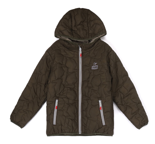 CHUMS Kids Booby Stitch Padded Hoodie – Olive | Lightweight Synthetic Puffer Jacket, Water-Repellent Hooded Outerwear for Boys & Girls JUN25