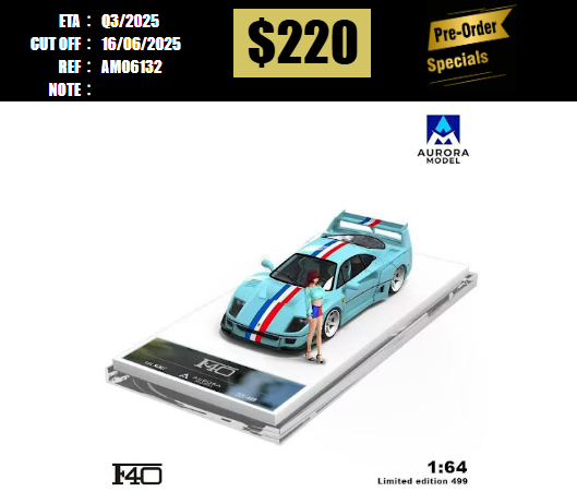 PO-$220 * AURORA MODEL * 1:64 FERRARI F40 TIFFANY W/FIGURE [OD13/06]