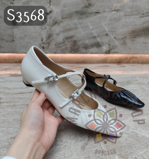 S3568 - 頭層羊皮皺紋雙帶尖頭低踭鞋