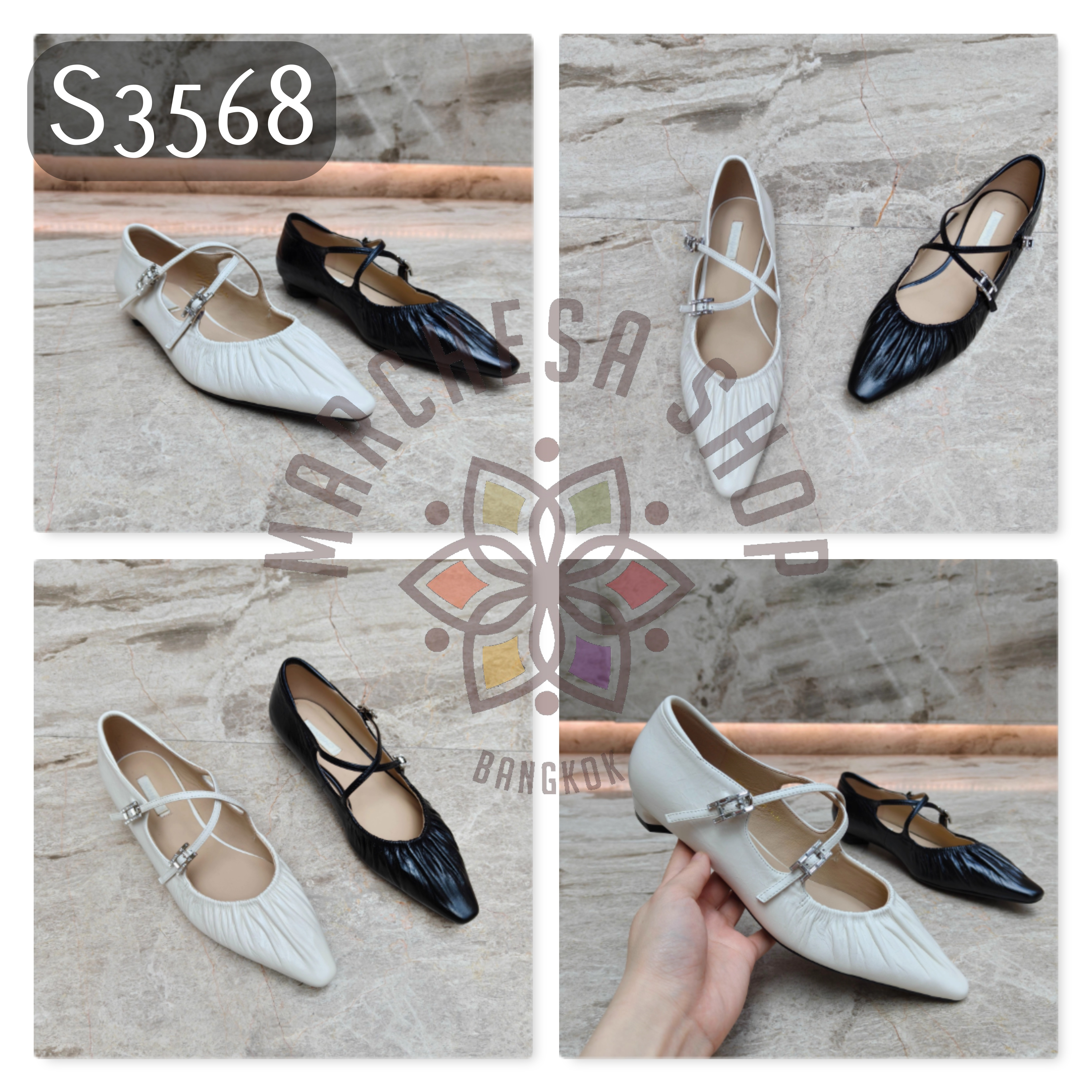 S3568 - 頭層羊皮皺紋雙帶尖頭低踭鞋