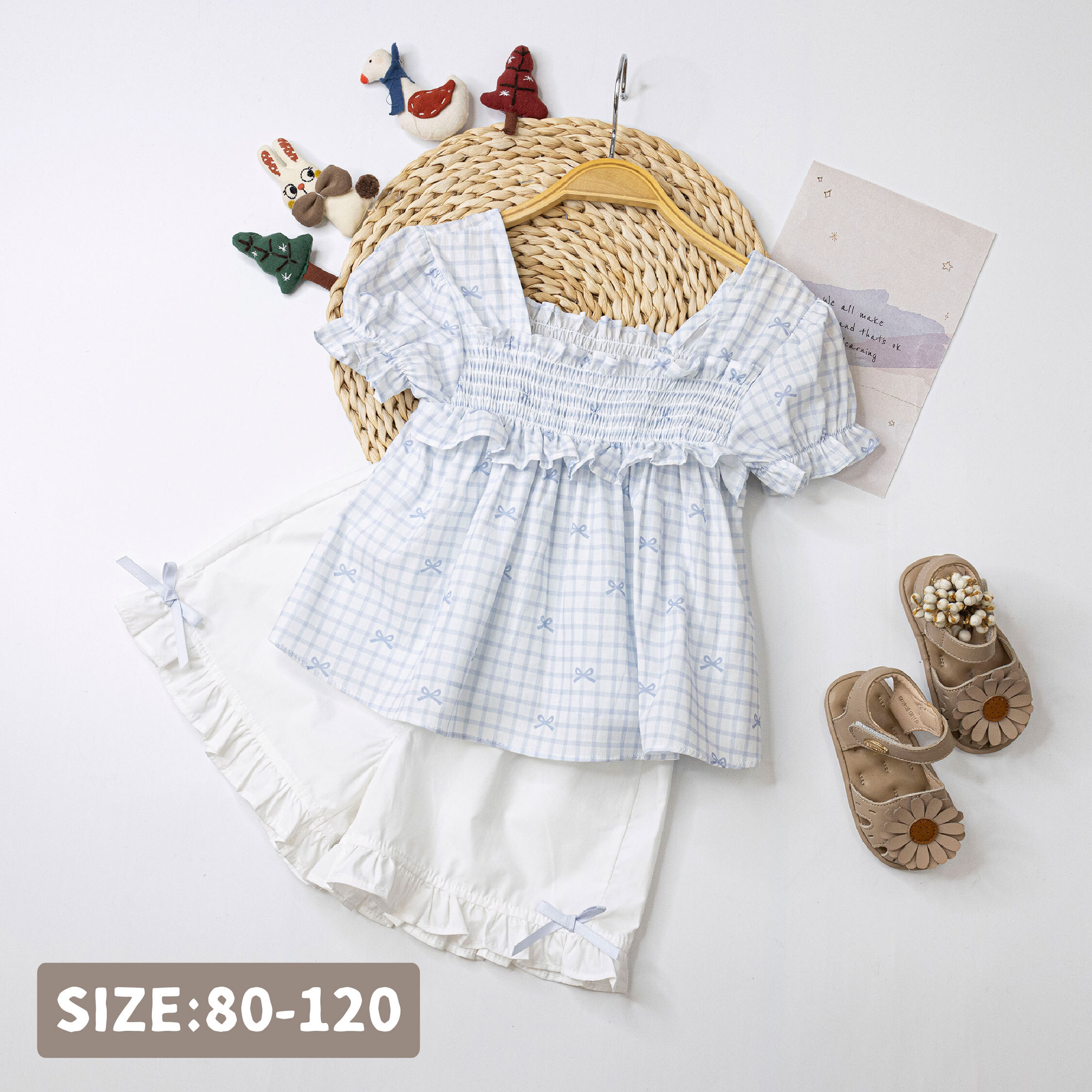 【H50517】蝴蝶結格紋鬆緊設計套裝