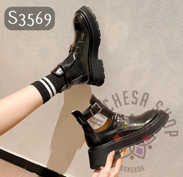 S3569 - 頭層羊皮中空圓頭馬丁靴