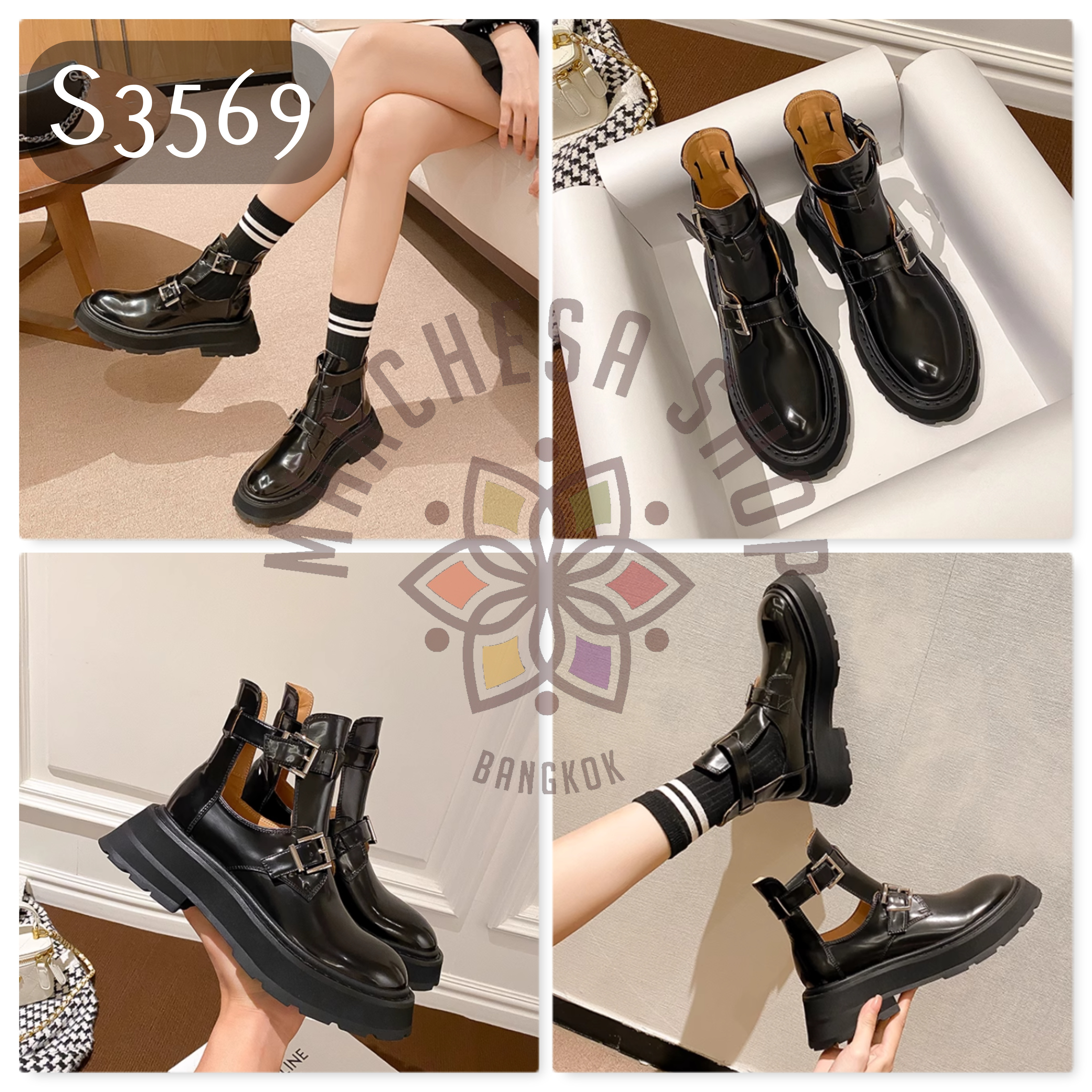 S3569 - 頭層羊皮中空圓頭馬丁靴