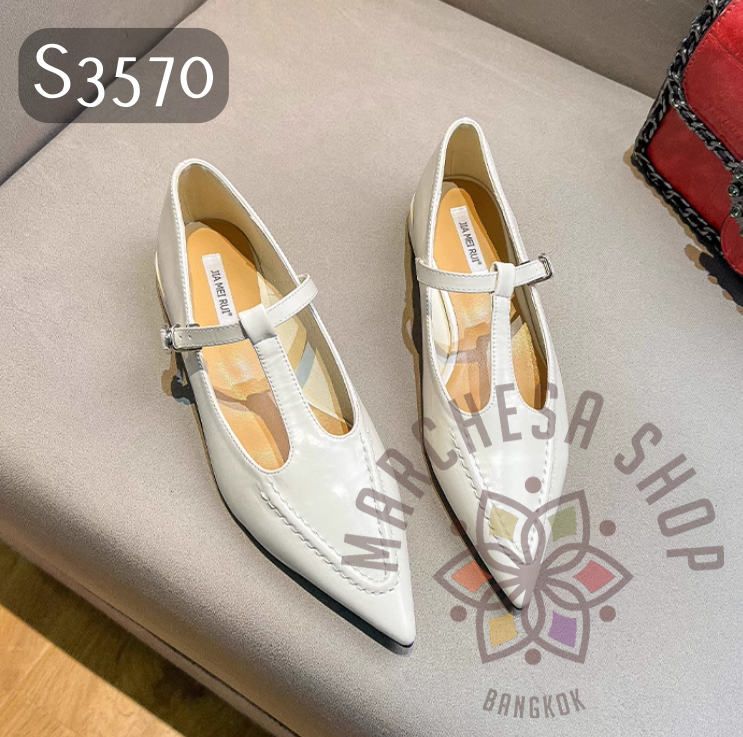 S3570 - 頭層牛皮車綫T帶尖頭平底鞋
