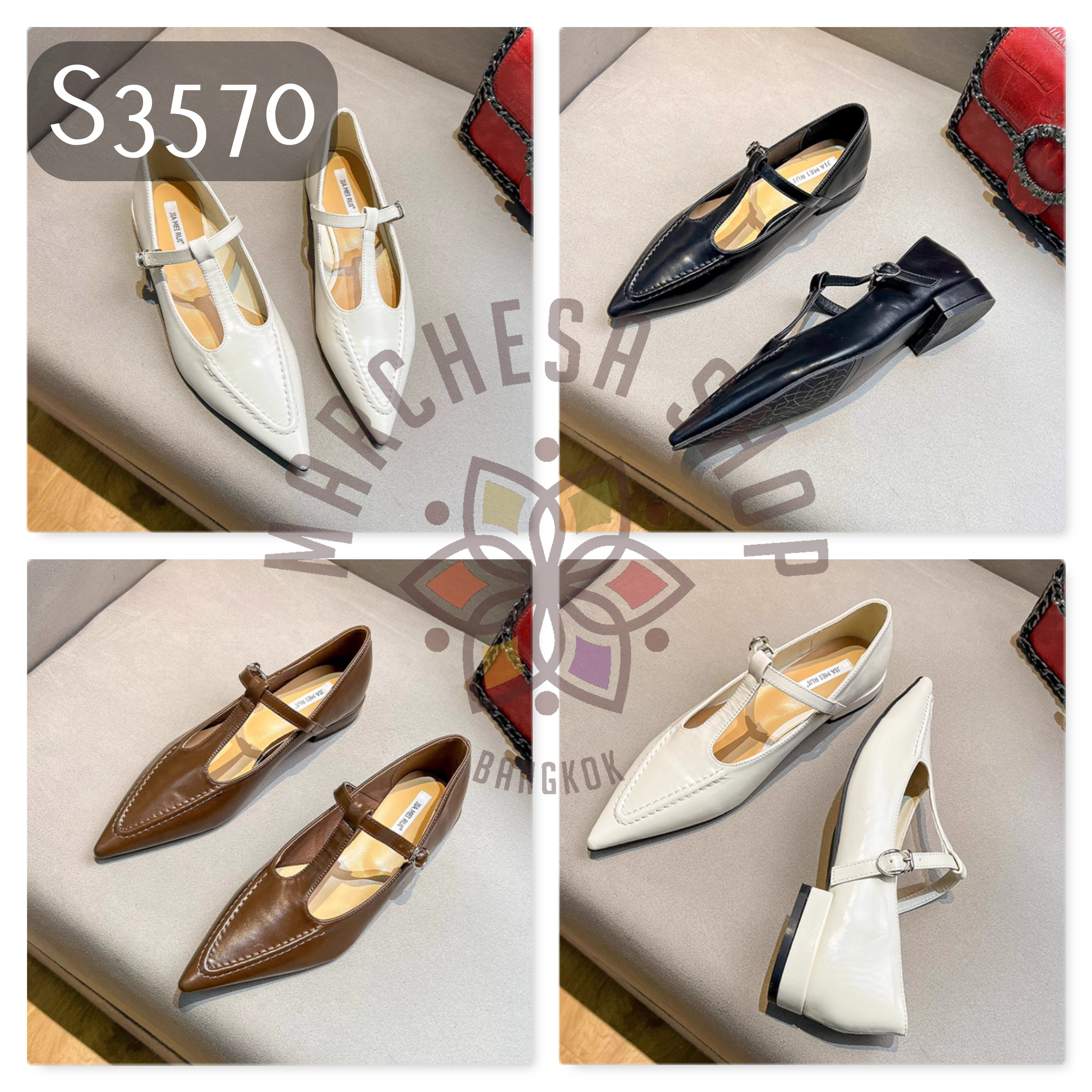 S3570 - 頭層牛皮車綫T帶尖頭平底鞋