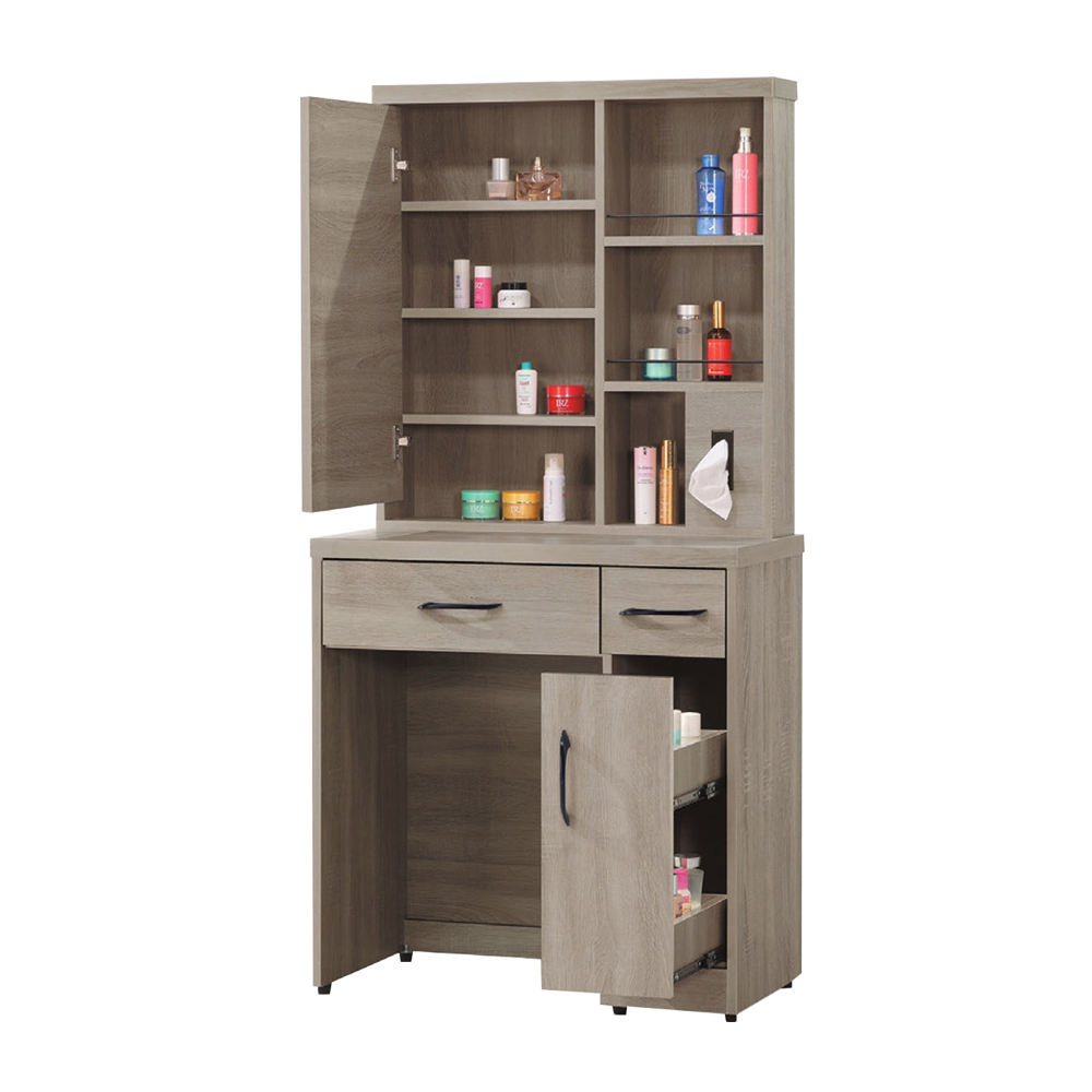 班萊2.6尺工業風化妝桌/開門式鏡台/梳妝台(附化妝椅)