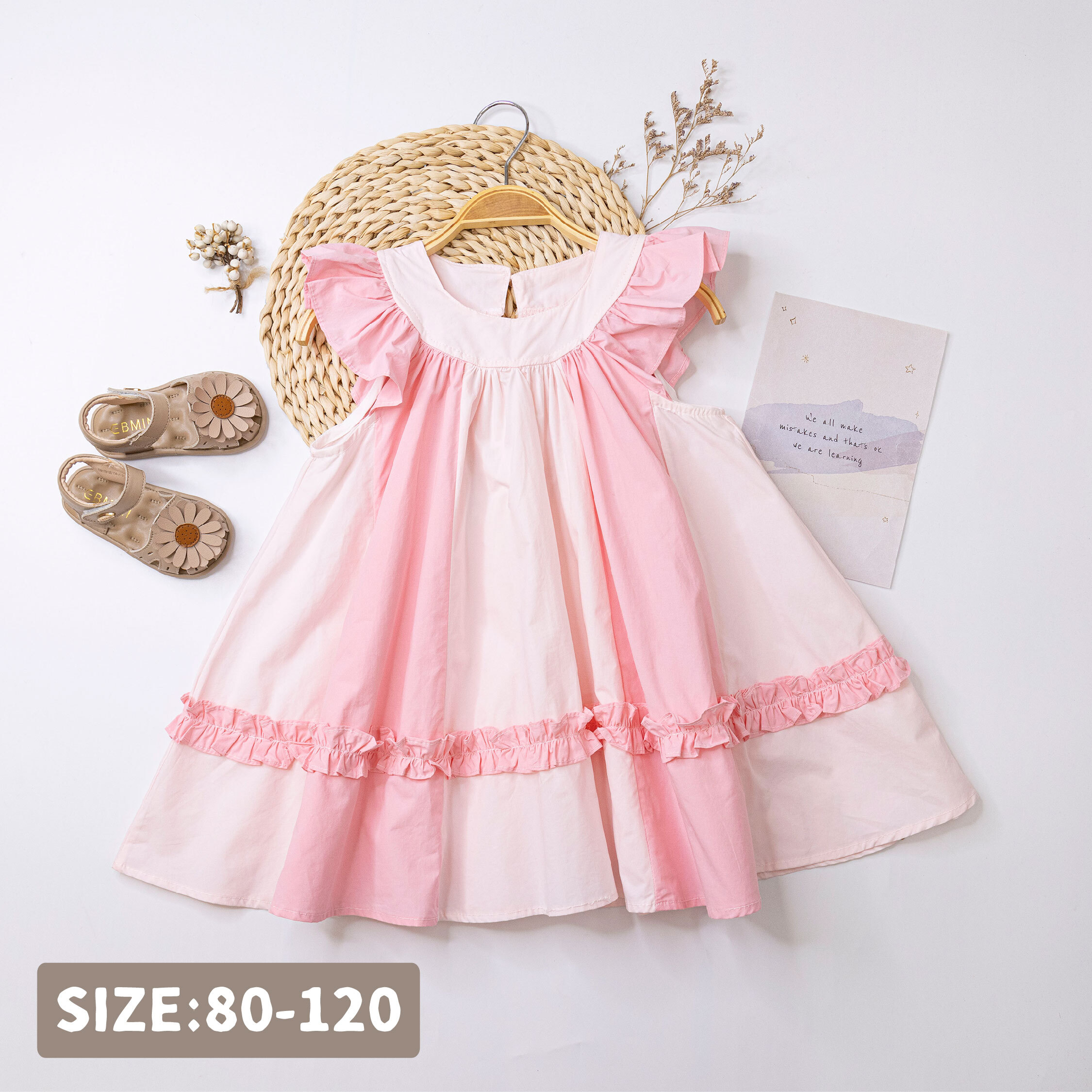 【H50521】草莓奶昔雙色拼接棉質洋裝