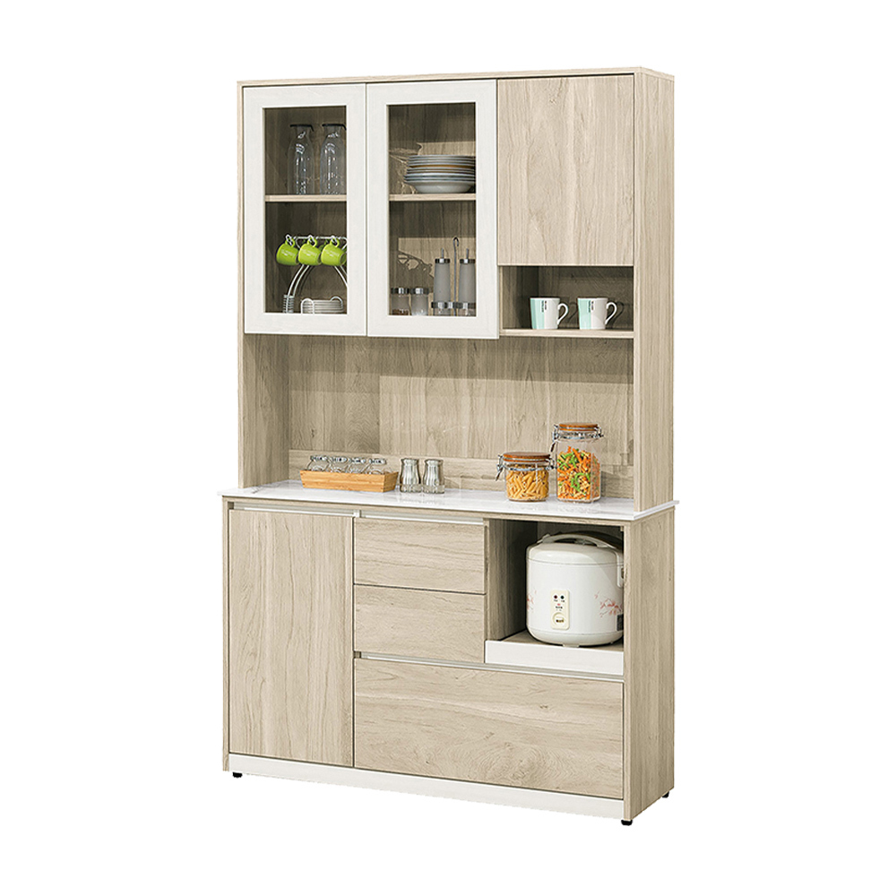 羅菲4尺岩板收納高餐櫃/碗盤置物櫃/拉盤電器櫃(上座+下座)