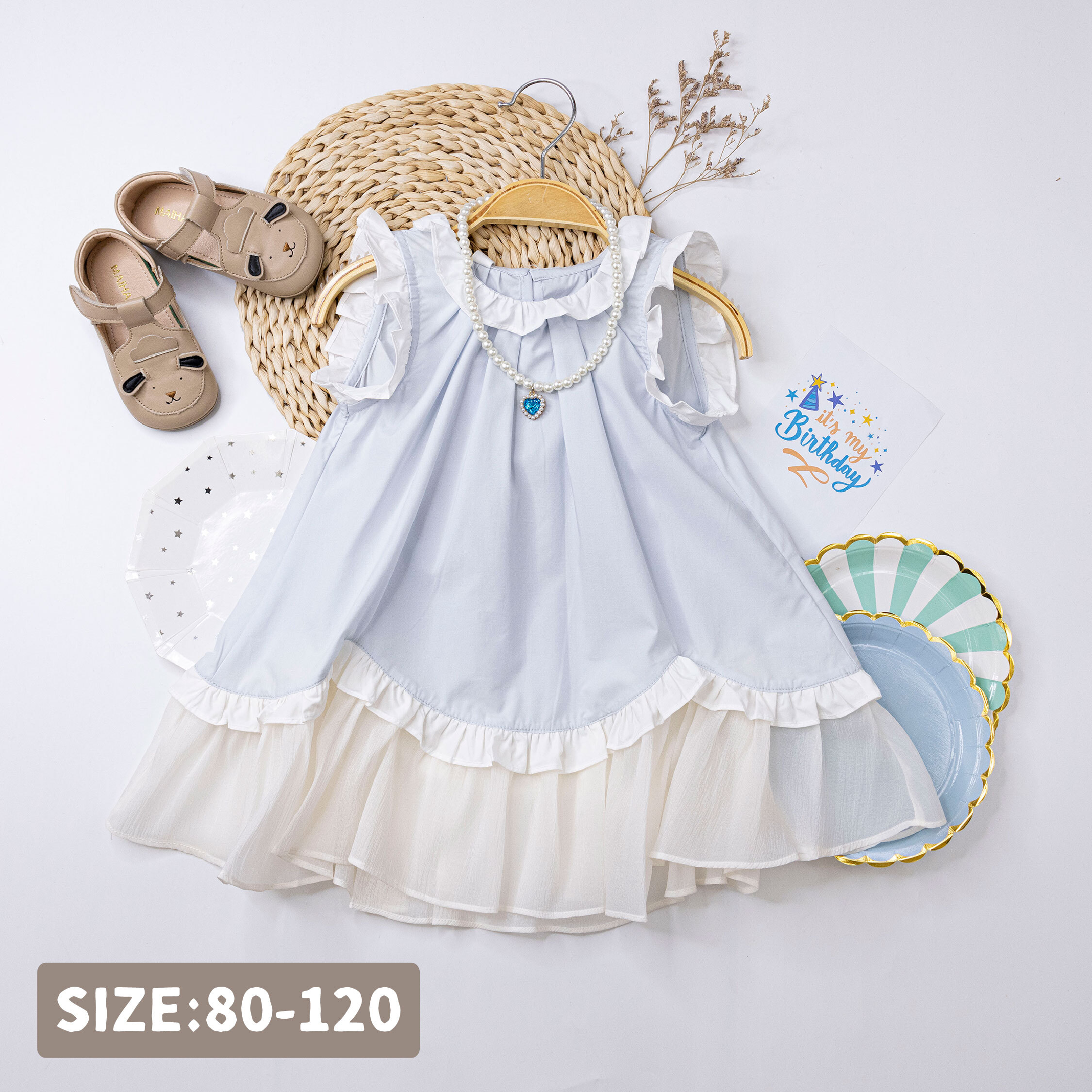 【H50525】氣質荷葉設計無袖洋裝(附珍珠項鍊)