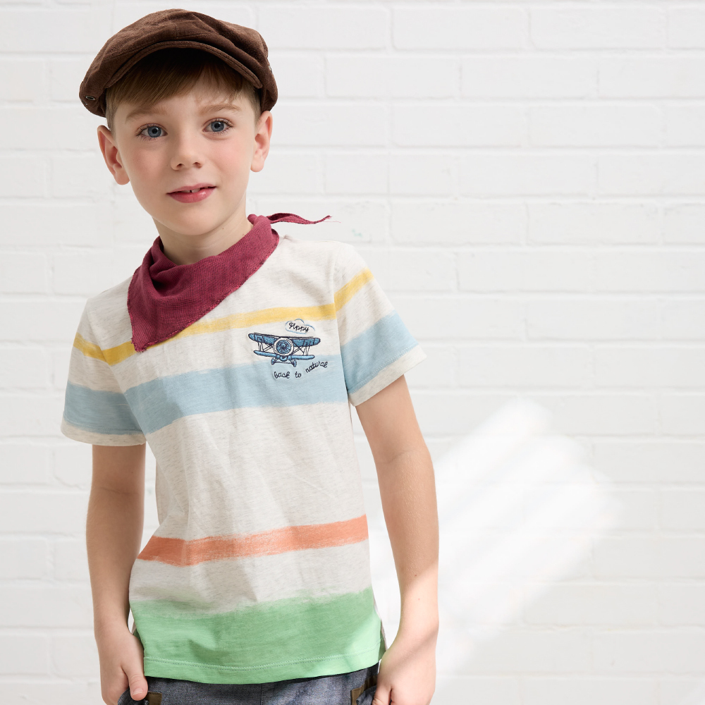 PIPPY童繣水彩條紋印花飛機刺繡百搭棉質圓領上衣 藍