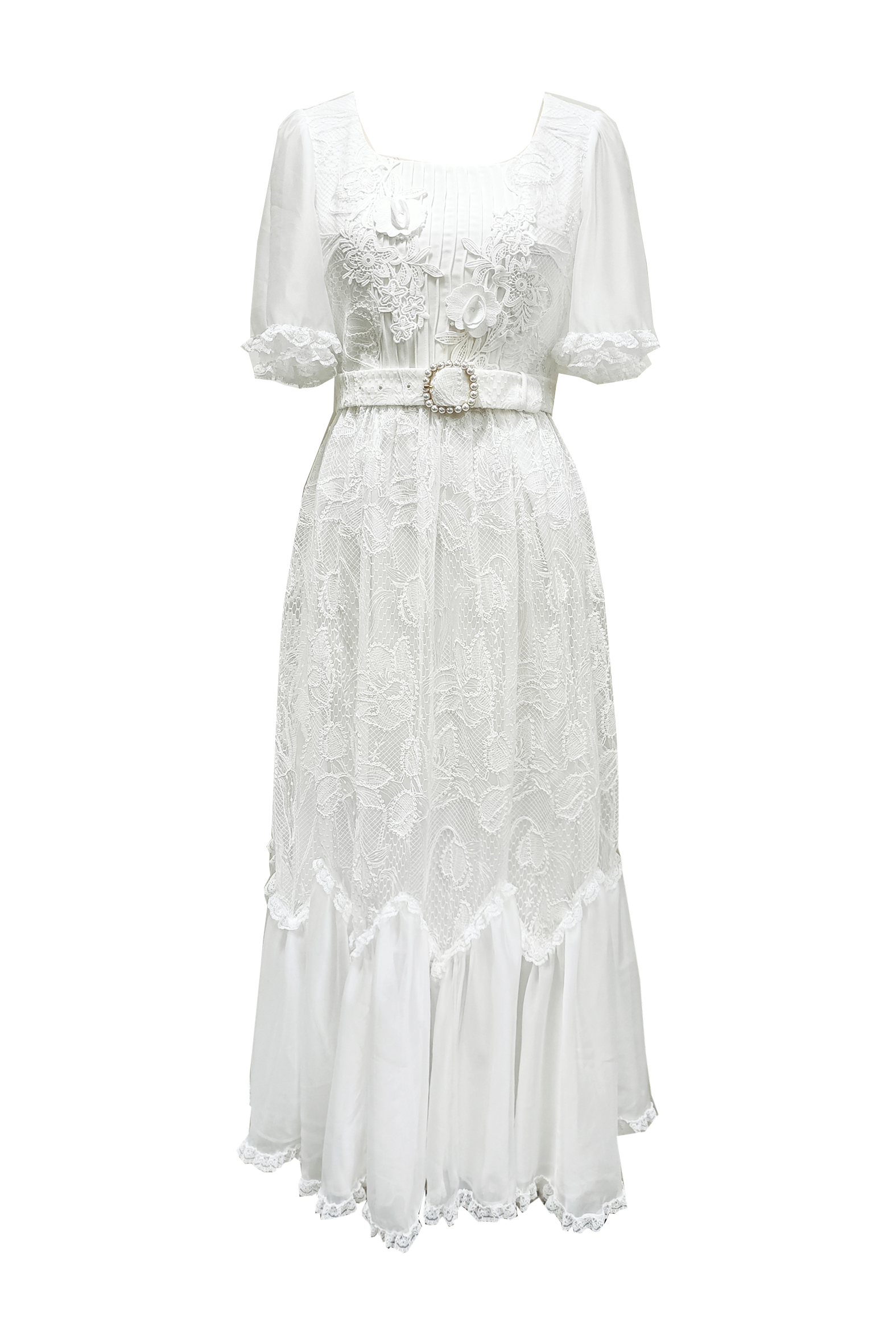 BE10158E1 蕾絲雪紗荷葉下擺長裙