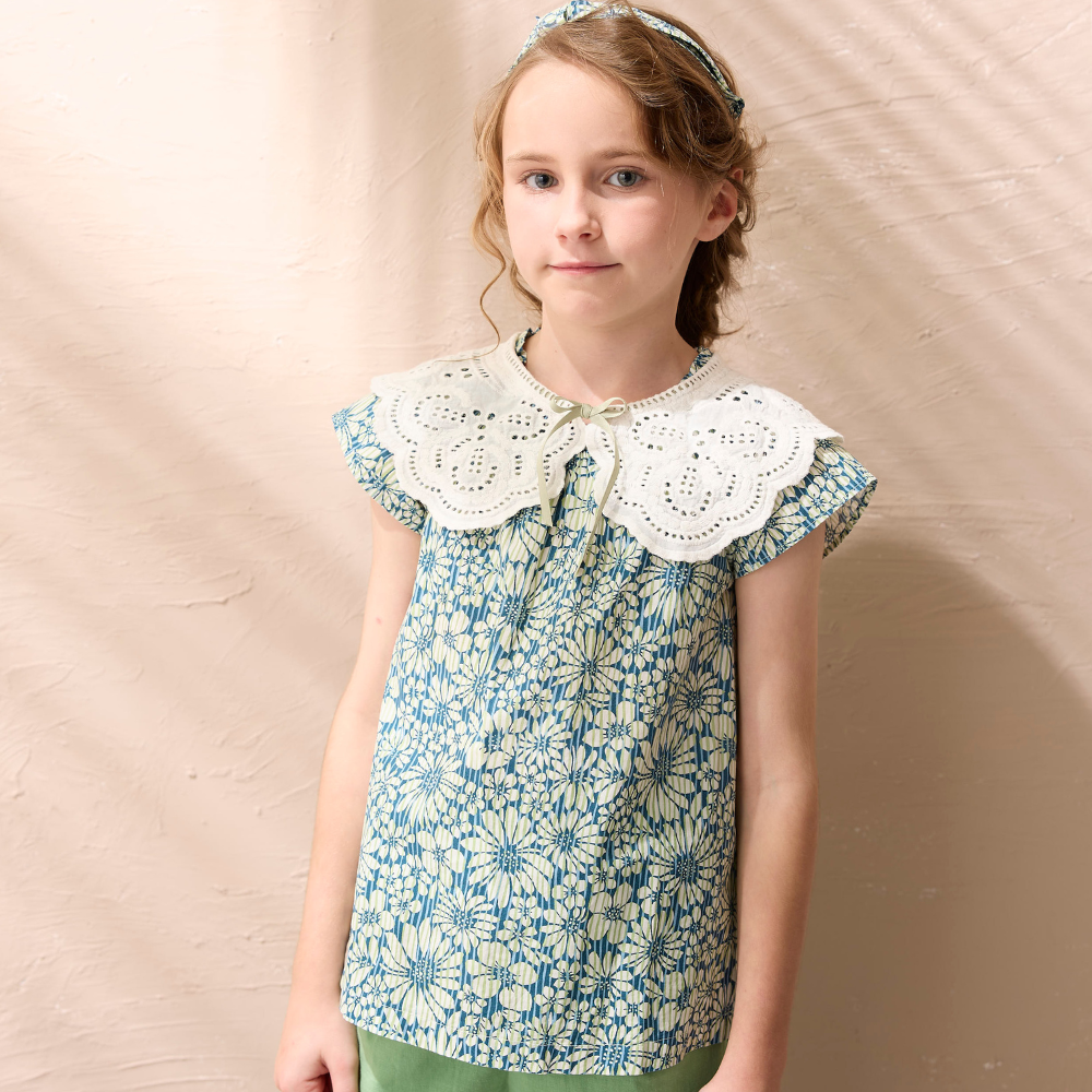 PIPPY純棉滿版小花印花蕾絲領圓領上衣 綠