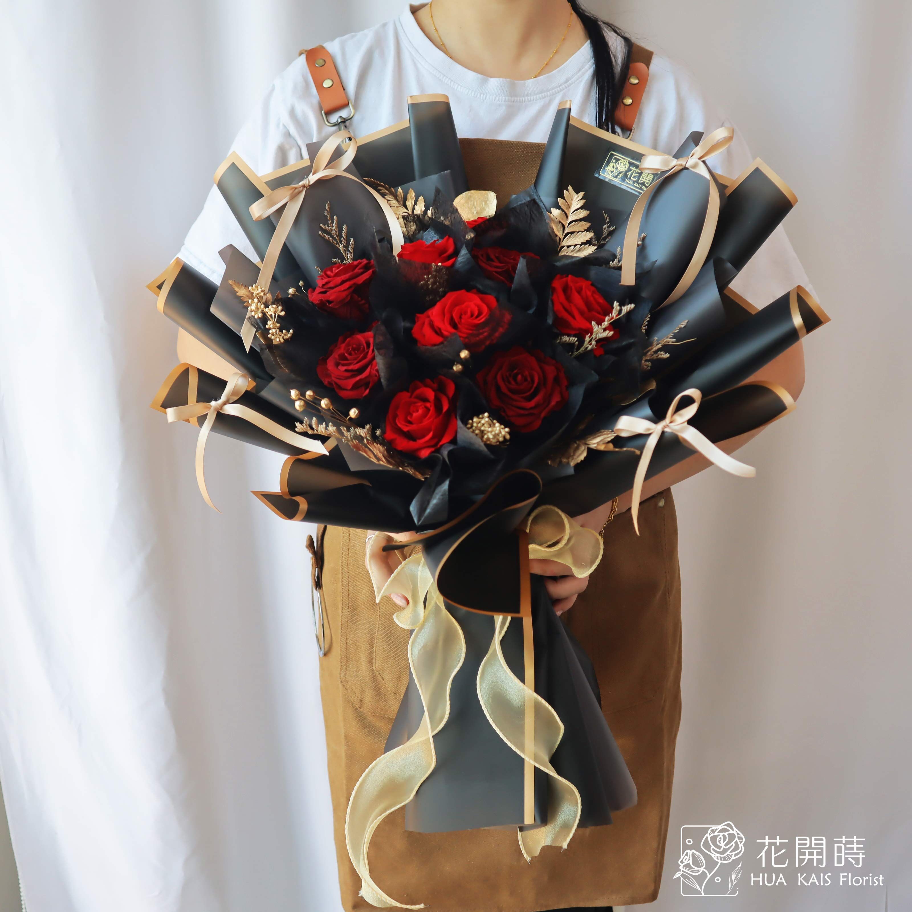 永生花束|永恆之戀．九願深情L號永生玫瑰花束|告白花束|情人節花束|求婚花束|永生花|ins緞帶風|韓系花束