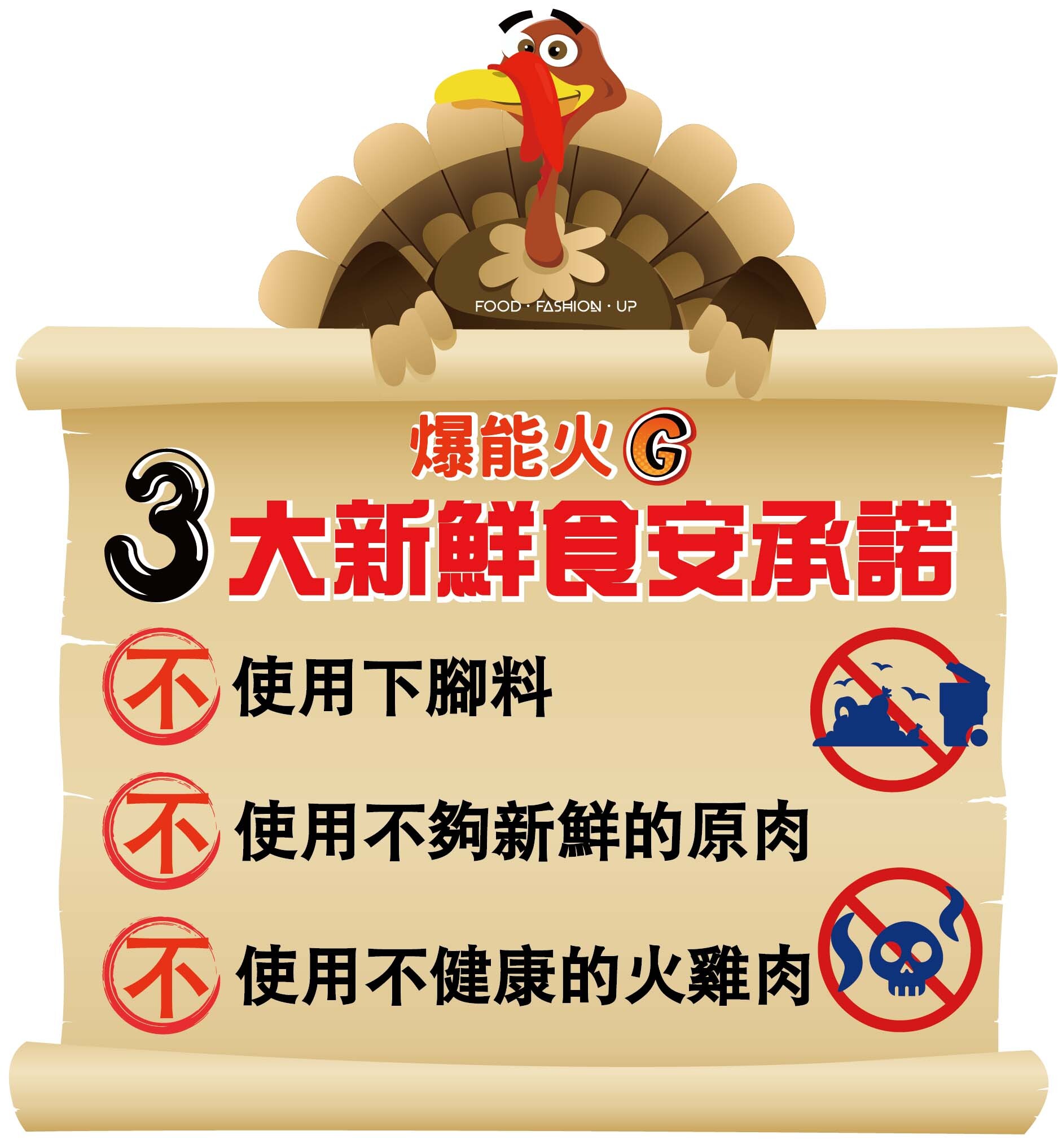 爆能火G 三大新鮮食安承諾  1. 不使用下腳料   2. 不使用不夠新鮮的原肉 我們只取最新鮮的火雞肉!!   3. 不使用不健康的火雞肉