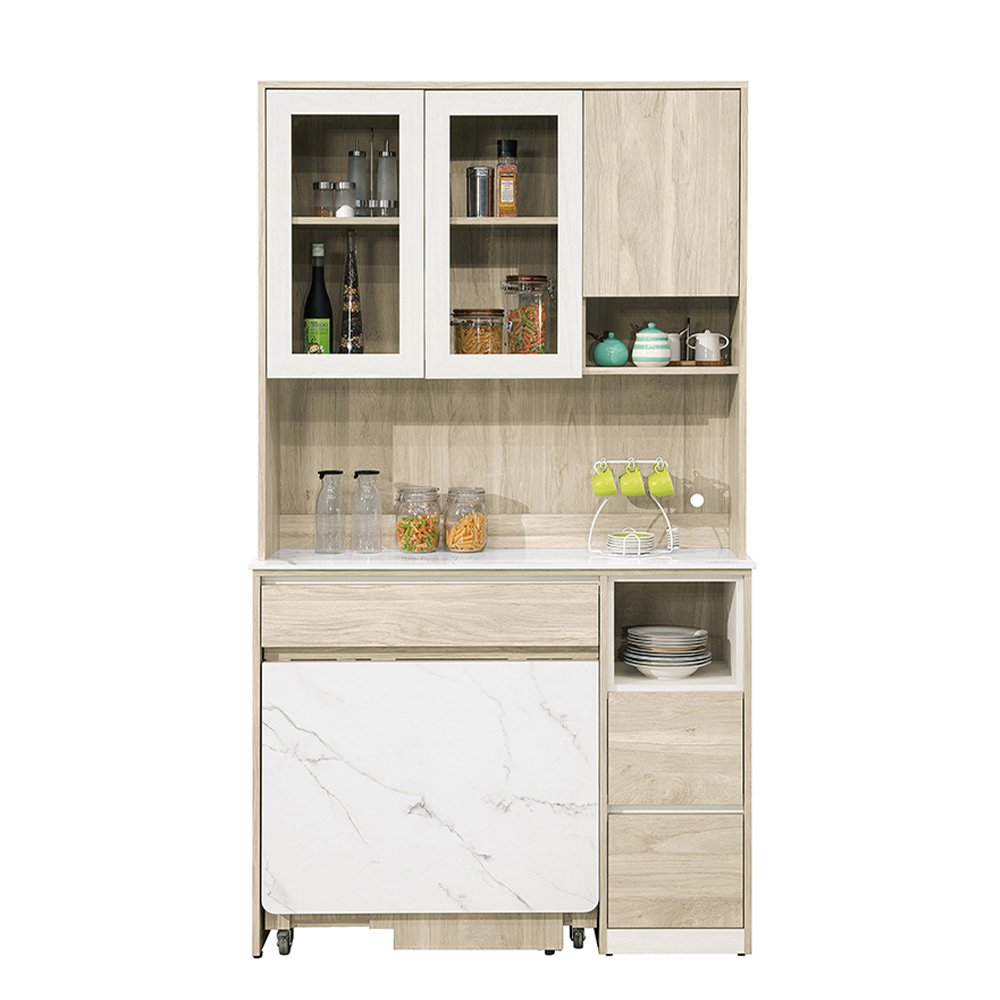 羅菲4尺岩板多功能組合L型餐櫃餐桌/伸縮折疊餐桌中島櫃(收納高電器餐櫃+折合餐桌+椅凳四入)