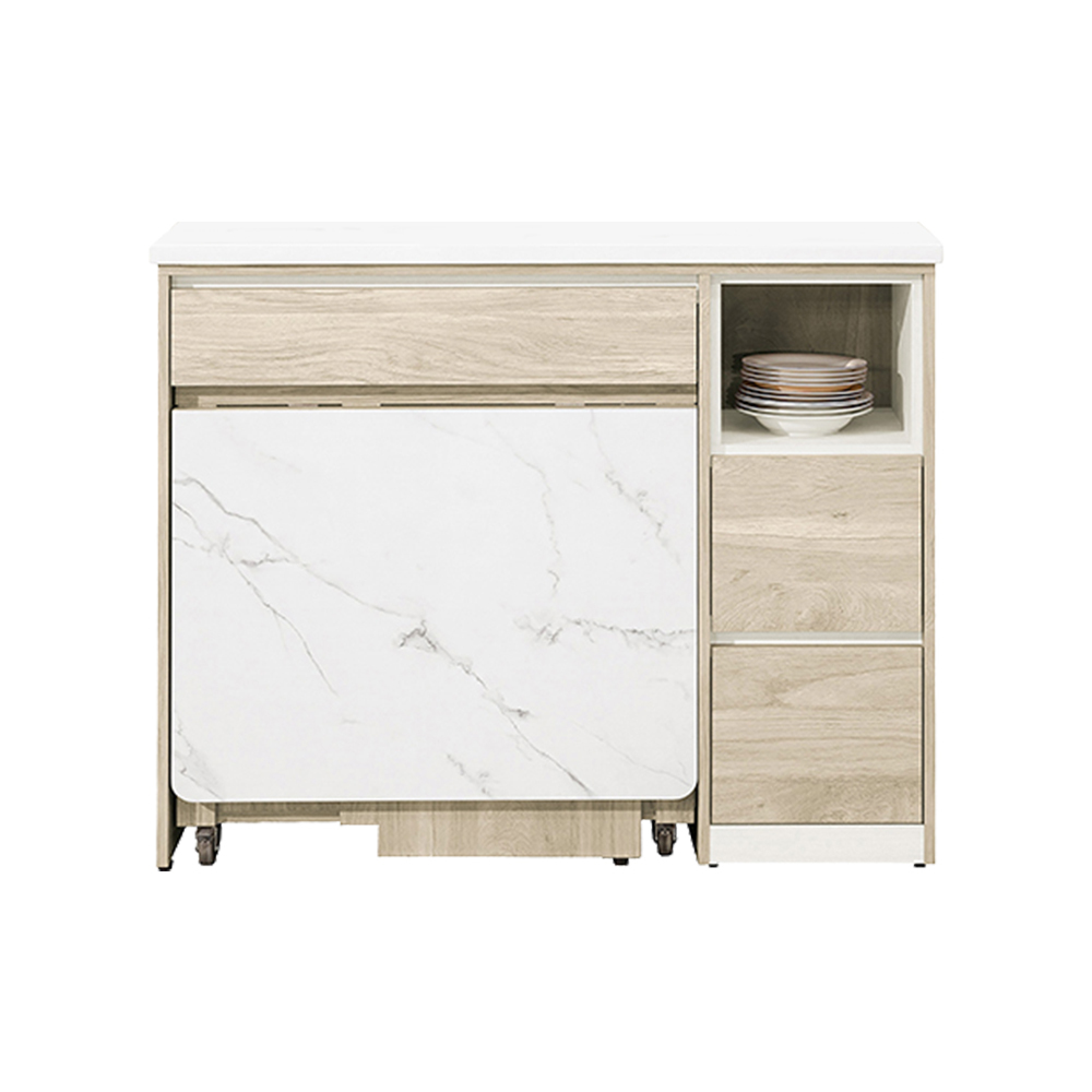 羅菲4尺石面多功能餐櫃餐桌/伸縮折疊餐桌中島櫃(收納餐櫃+折合餐桌+椅凳四入)