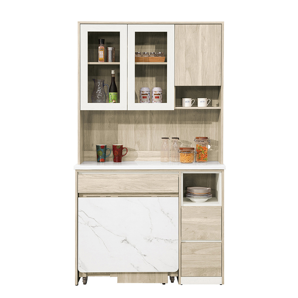 羅菲4尺石面多功能組合L型餐櫃餐桌/伸縮折疊餐桌中島櫃(收納高電器餐櫃+折合餐桌+椅凳四入)