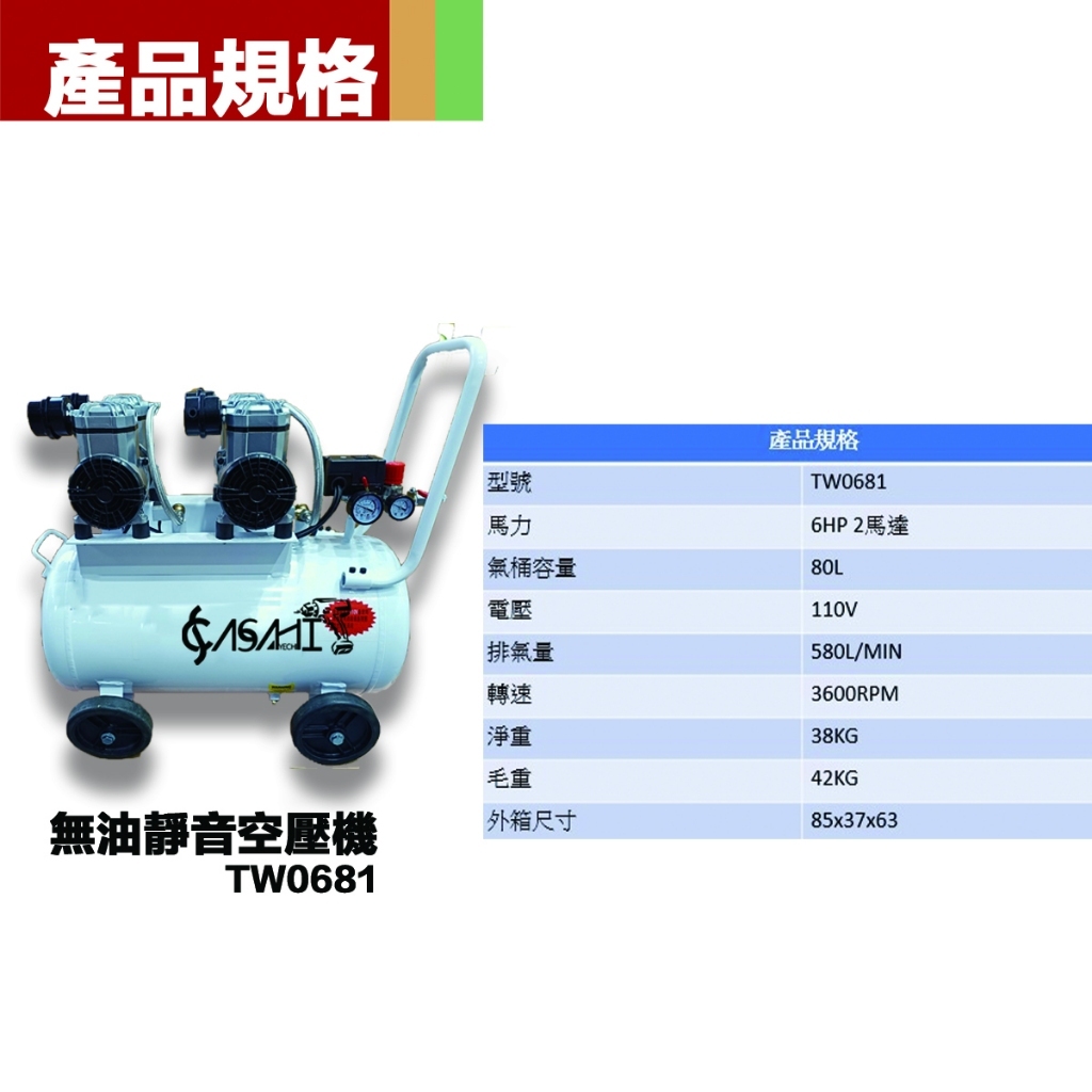 附發票｜TW0681無油靜音空壓機｜ 雙馬達 6HP80L靜音免保養 無油式 4排氣 4輪 風皇