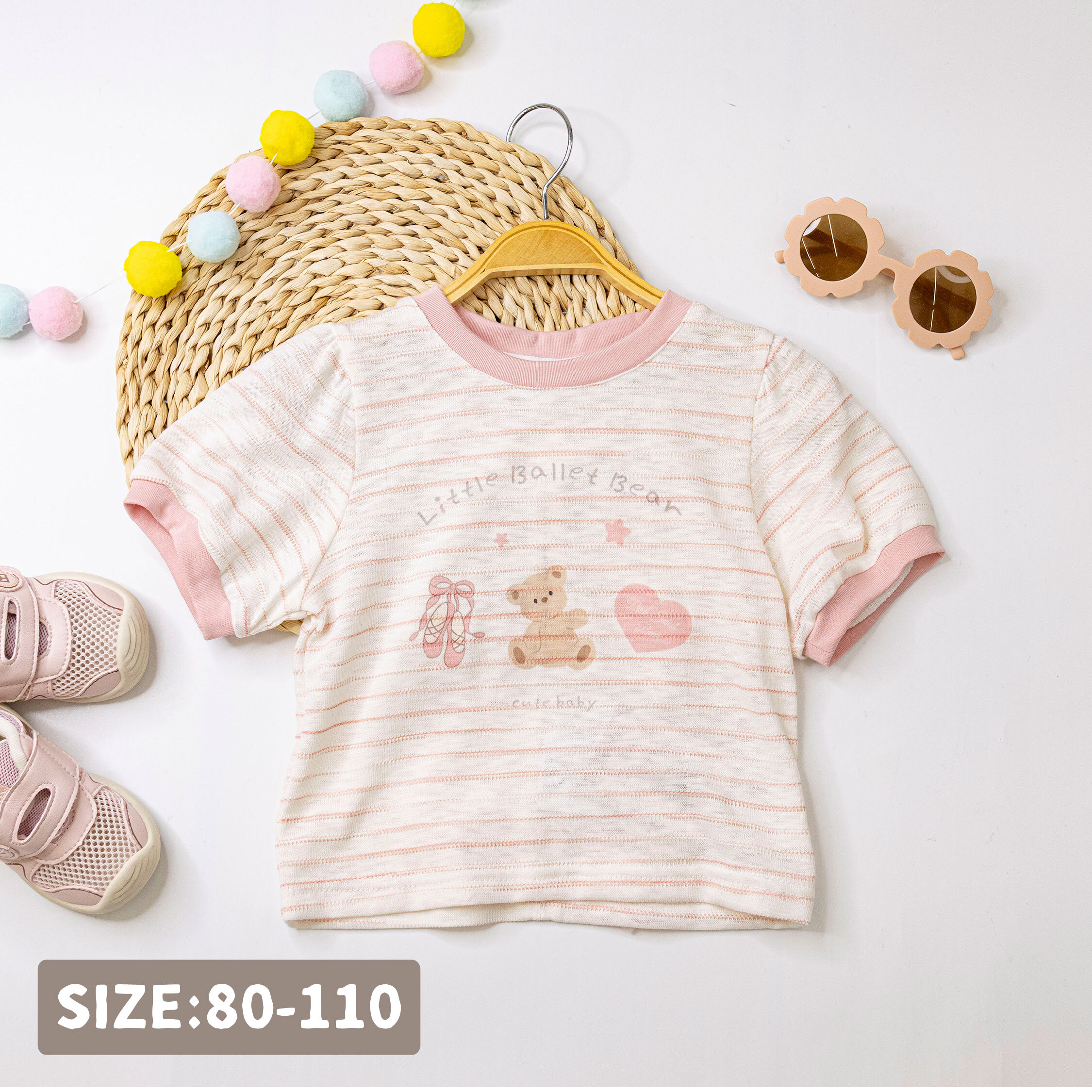 【H50554】芭蕾小熊蝴蝶結挖空設計上衣/短T