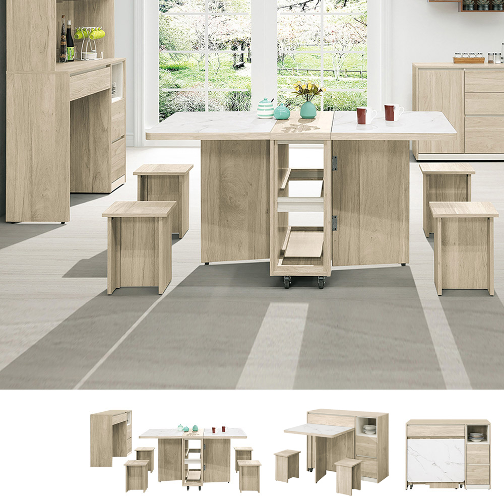 羅菲3.9尺仿石面多功能餐櫃餐桌/伸縮折疊餐桌中島櫃(收納餐櫃+折合餐桌+椅凳四入)