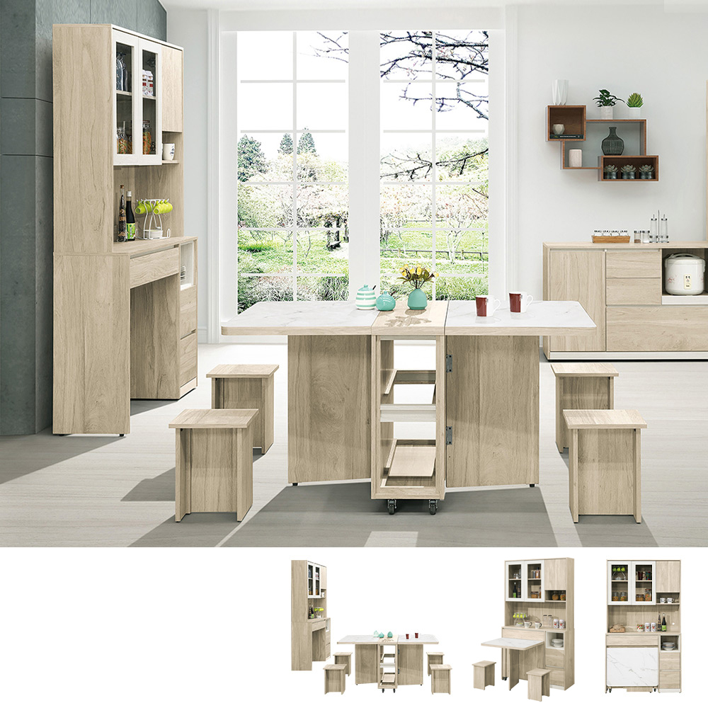 羅菲3.9尺仿石面多功能組合L型餐櫃餐桌/伸縮折疊餐桌中島櫃(收納高電器餐櫃+折合餐桌+椅凳四入)