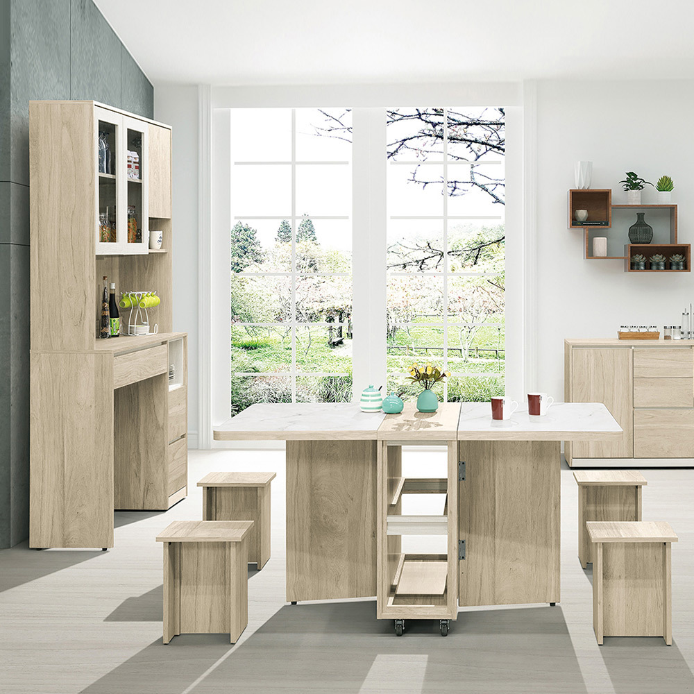 羅菲3.9尺仿石面多功能組合L型餐櫃餐桌/伸縮折疊餐桌中島櫃(收納高電器餐櫃+折合餐桌+椅凳四入)