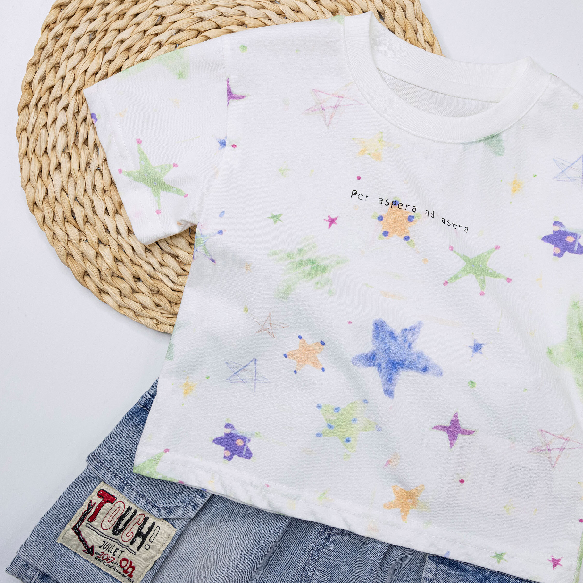 【H50553】繽紛星星彩繪舒適圓領上衣/短T