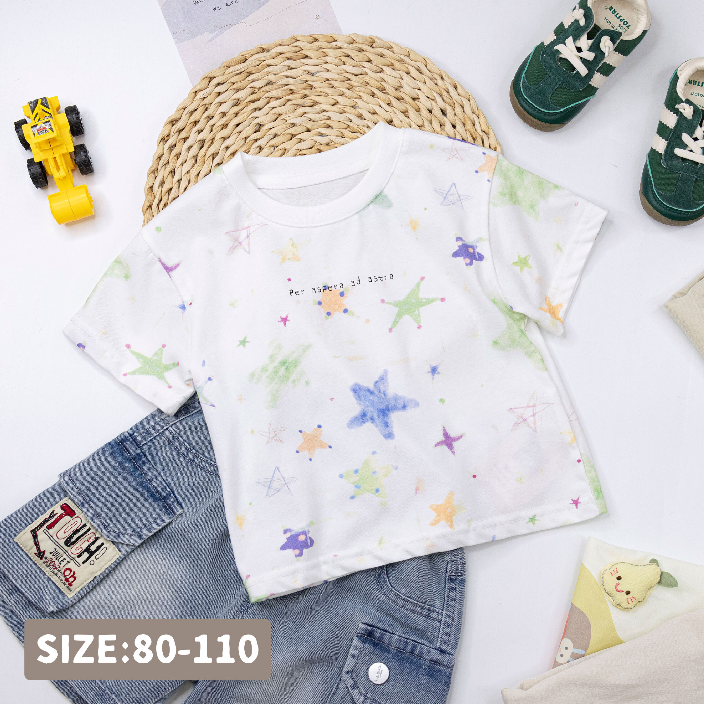 【H50553】繽紛星星彩繪舒適圓領上衣/短T