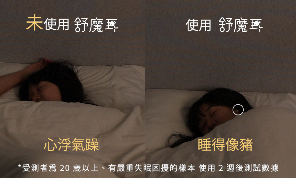 未使用舒魔耳 心浮氣躁 使用舒魔耳 睡得像豬