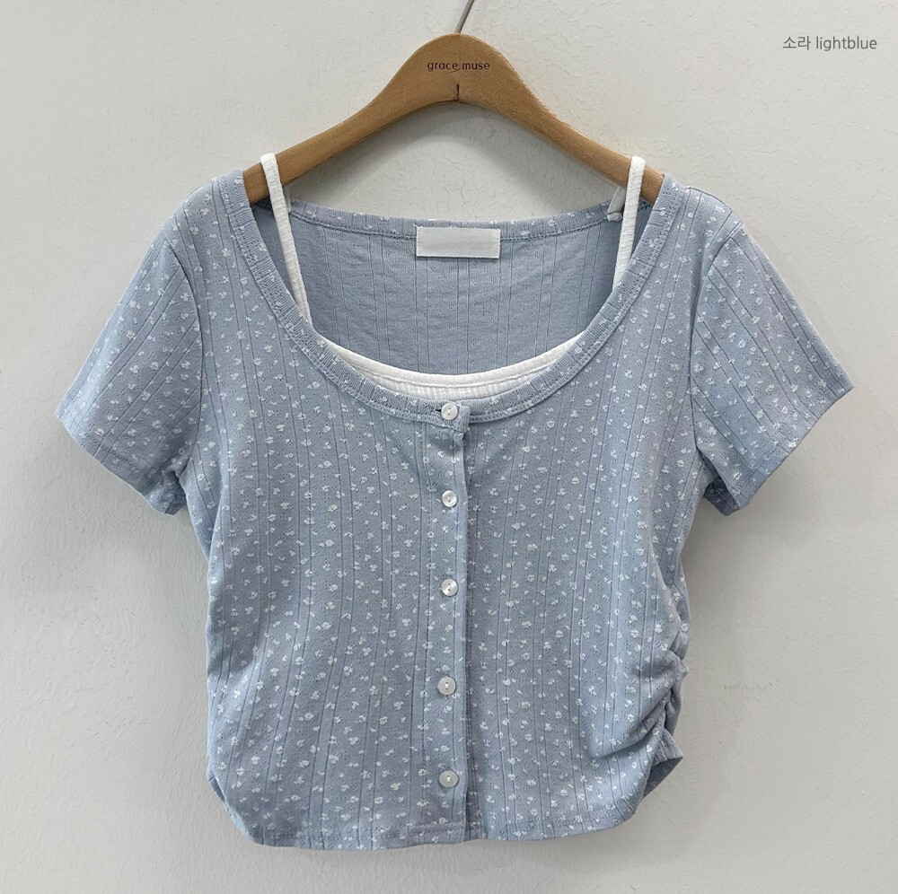 韓國grace muse授權 微笑日常碎花側抽皺假兩件上衣
