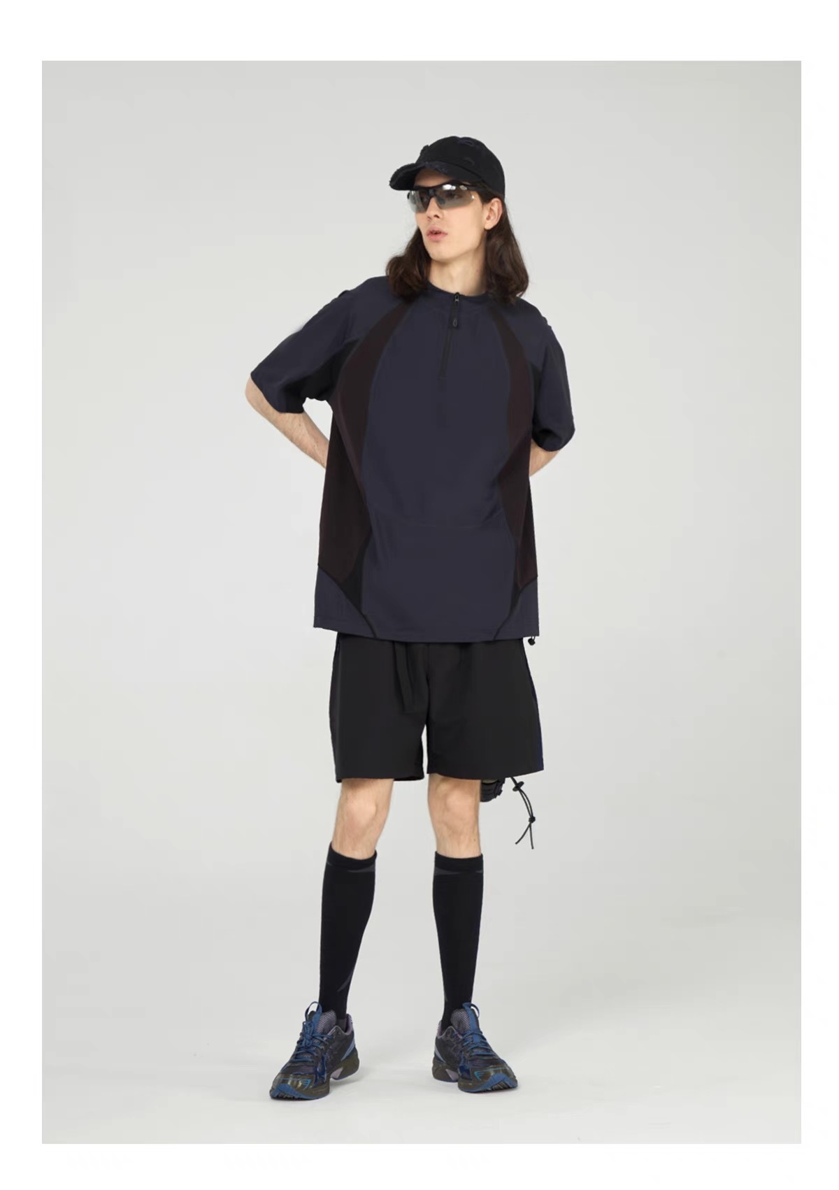 DECESOLO 速乾網眼輕薄透氣T-深藍/黑咖