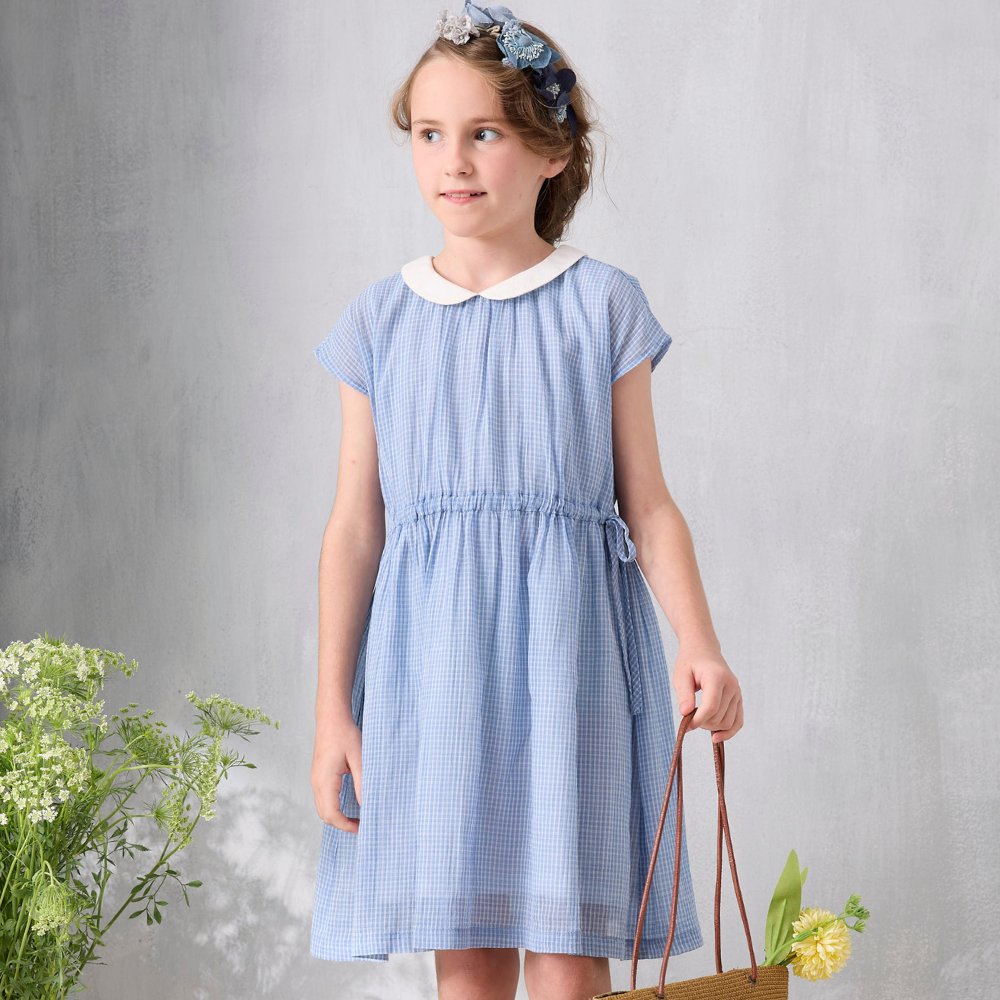 PIPPY優雅格紋花瓣領純棉抽繩連身裙洋裝 藍