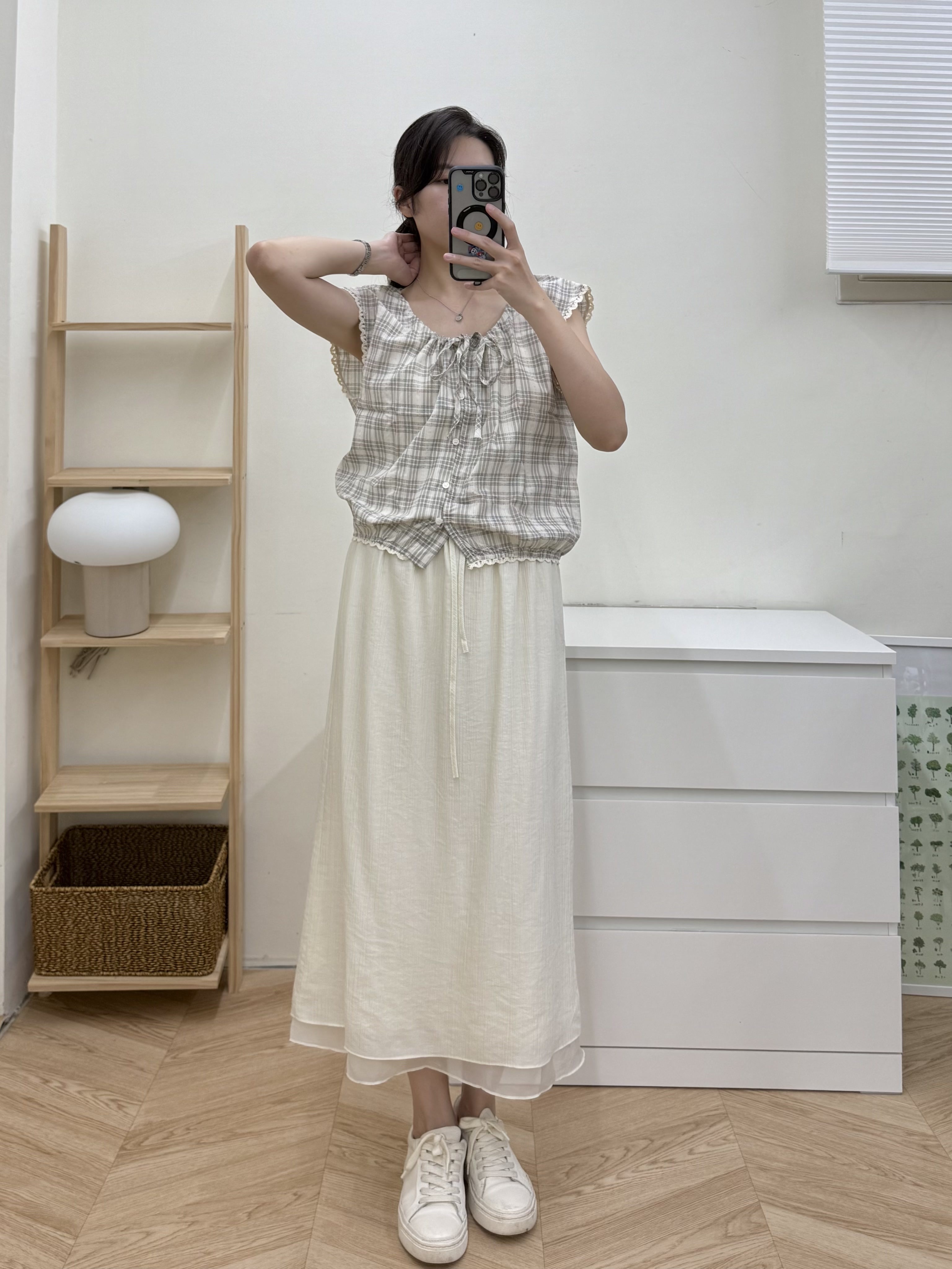 後開衩拼接紗天絲半裙