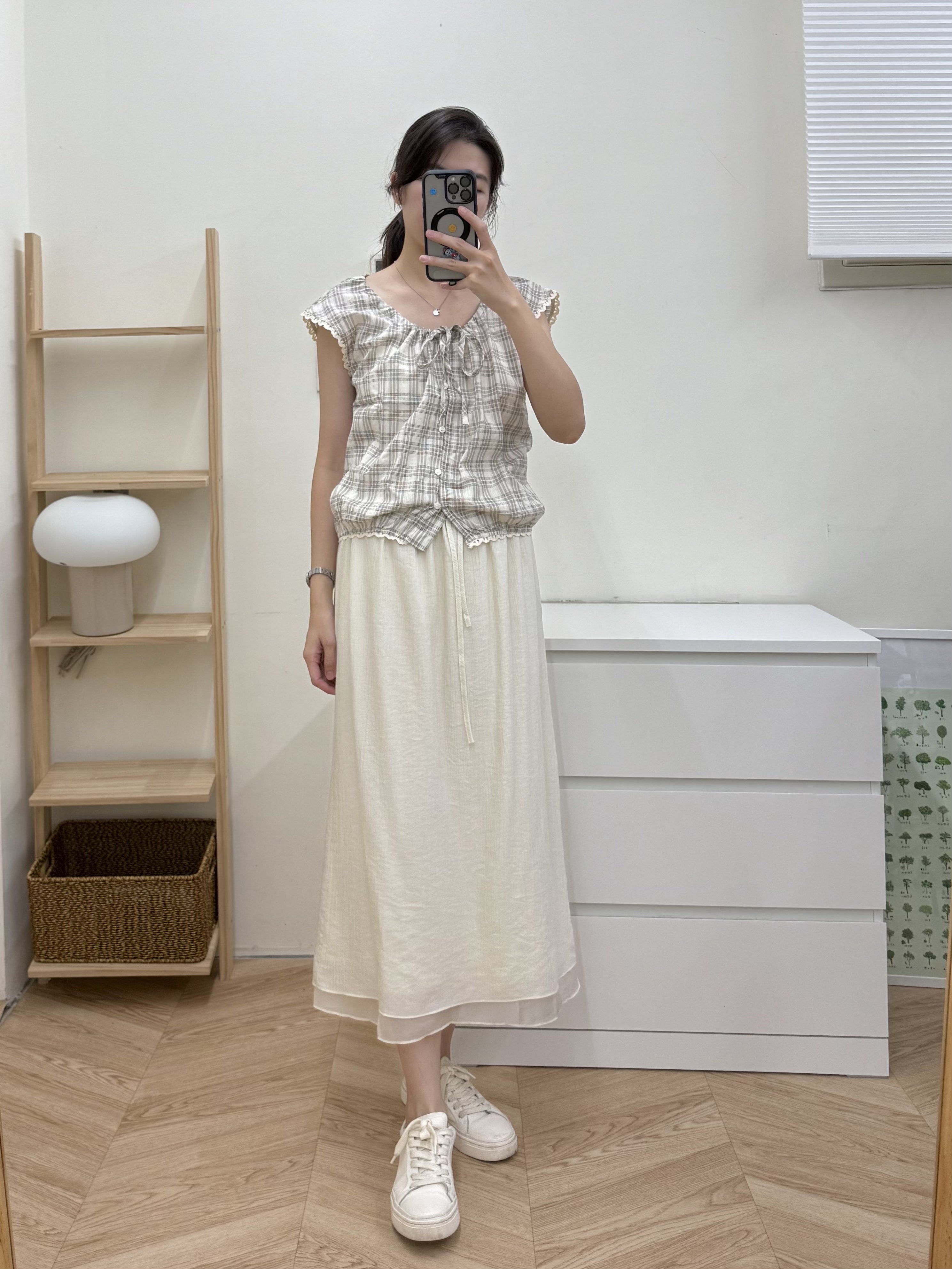 後開衩拼接紗天絲半裙