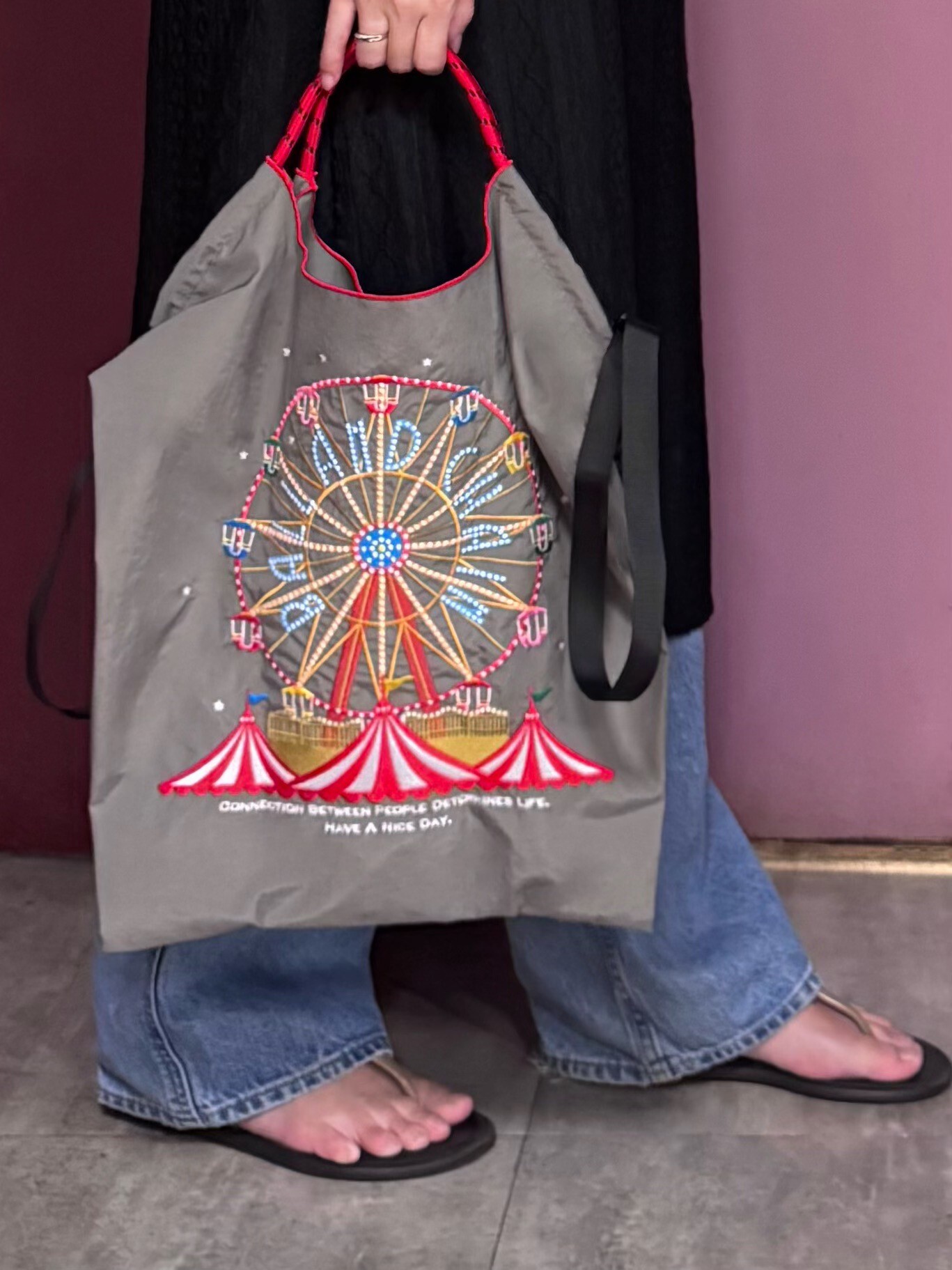 Ball＆Chain 刺繡環保購物袋 M號 - 灰 (30104285)