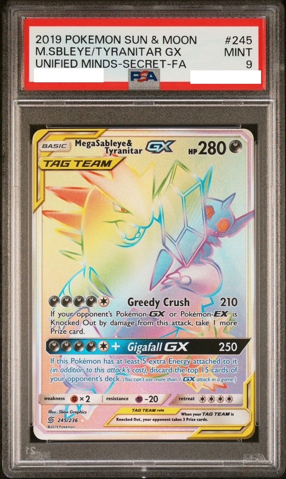 [PSA 9] 2019 Pokemon Mega Sableye & Tyranitar GX 245/236 Unified Minds Secret Rare