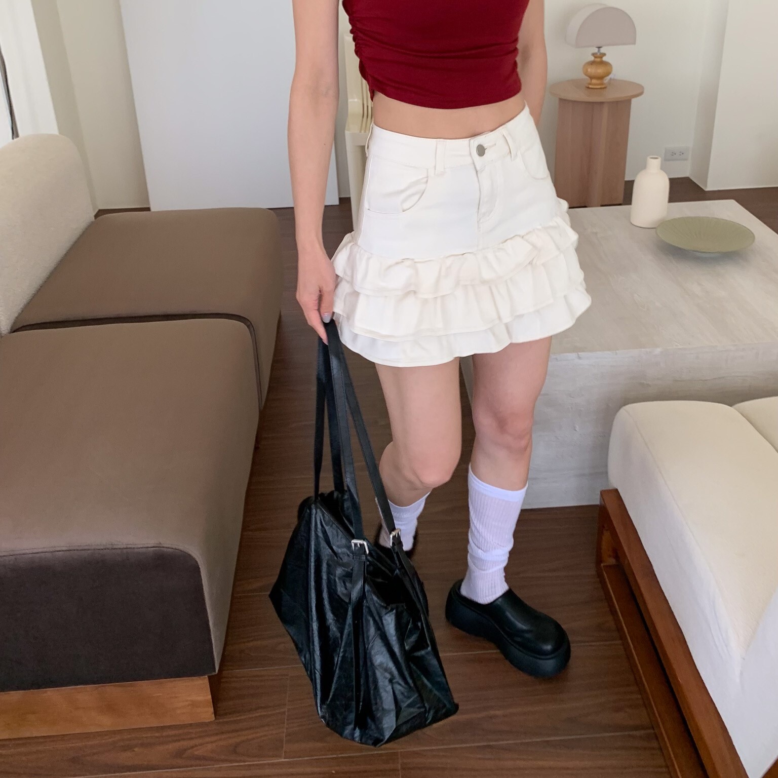 ISA_可愛穿身上! 本期重點蛋糕擺高腰牛仔褲裙_55046