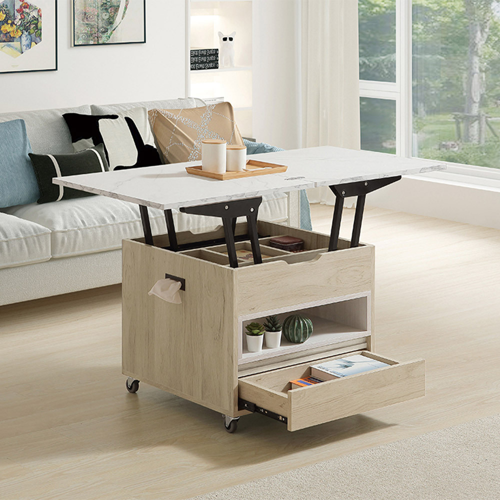 羅菲2尺多功能升降仿石面小茶几/餐桌/邊几-折疊桌面(寬60~121公分)