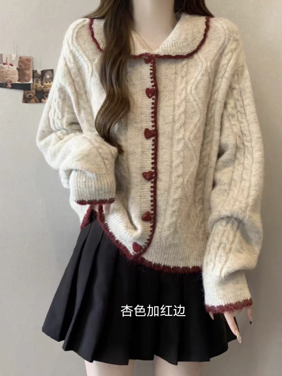 French Style Knit Cardigan with Heart Buttons & Peter Pan Collar