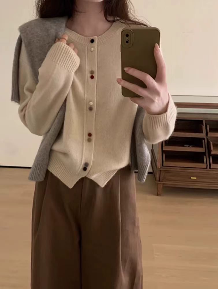 Elegant Knit Cardigan with Colorful Buttons for Fall & Winter