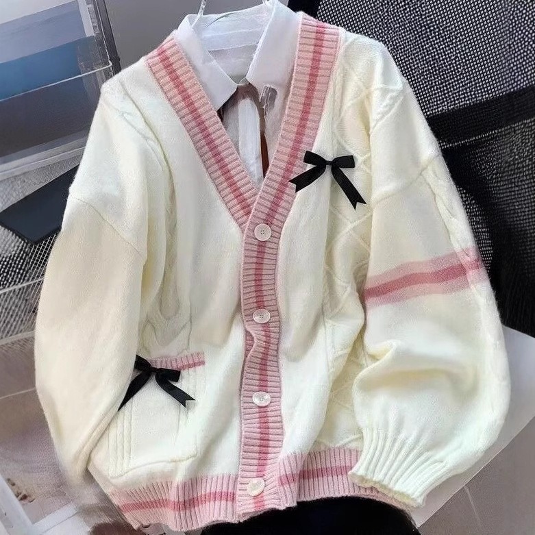 Loose-Fit Cable Knit Cardigan with Bows ~ Preppy Style