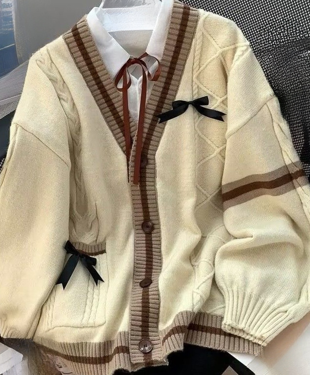 Loose-Fit Cable Knit Cardigan with Bows ~ Preppy Style