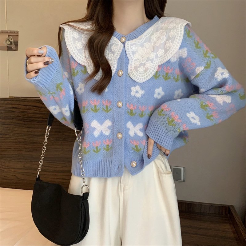 Floral Knit Cardigan with Lace Trim & Peter Pan Collar