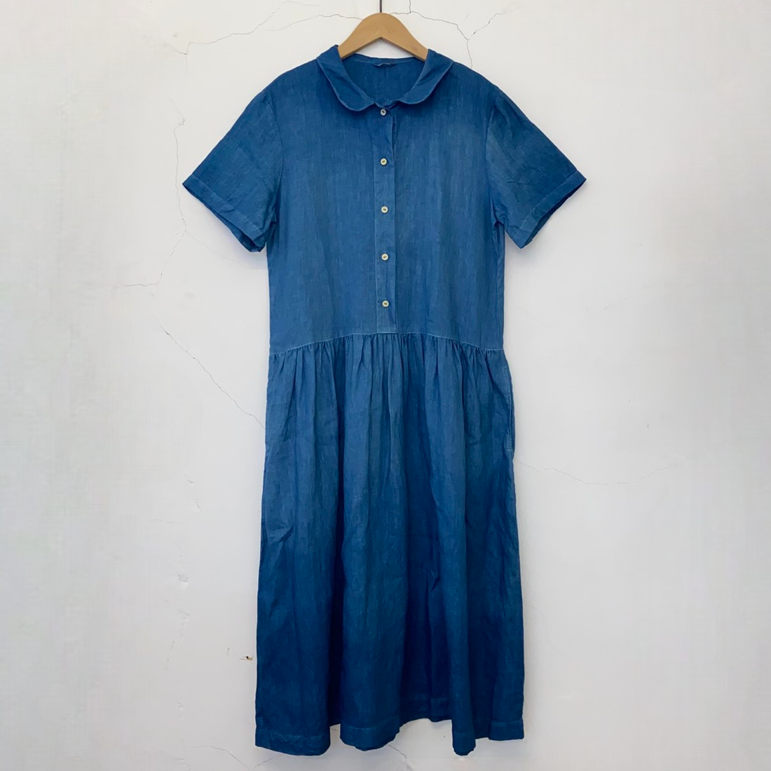 小圓領短袖襯衫長洋裝 藍染