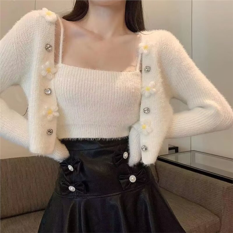 Tweed-Inspired Knit Cardigan & Singlet Two-Piece Set